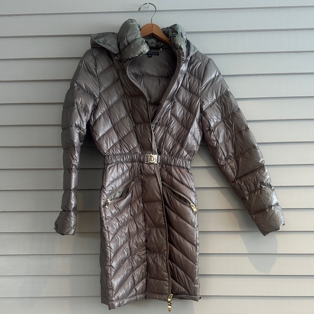Via Spiga Metallic Gray Puffer Coat with Belt